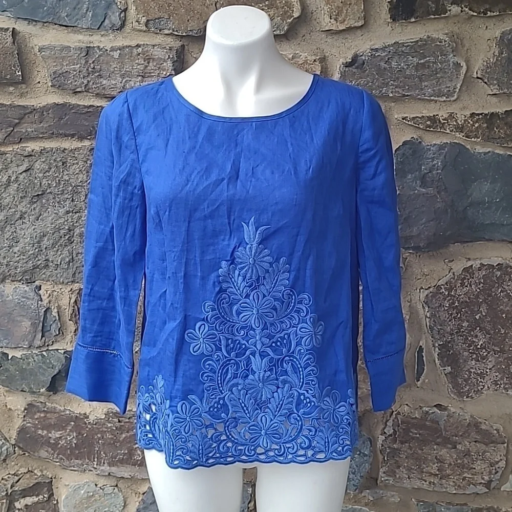 J. Crew Embroidered Floral 3/4 Sleeve Linen Blouse in Royal Blue Size 4